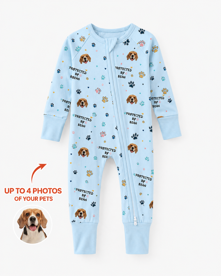 Custom Dogs Photo "Protected By" Bamboo Convertible Zippered Romper