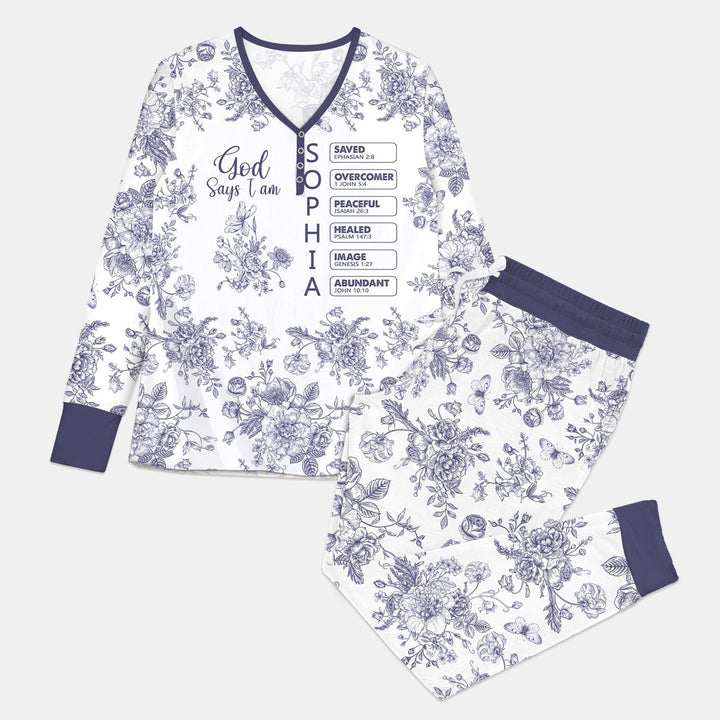 God Says I Am – Faith in Bloom Custom Name and Affirmations Bamboo Women Pajama Set
