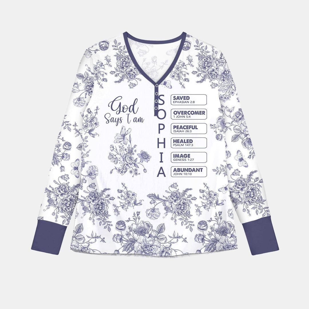 God Says I Am – Faith in Bloom Custom Name and Affirmations Bamboo Women Pajama Set