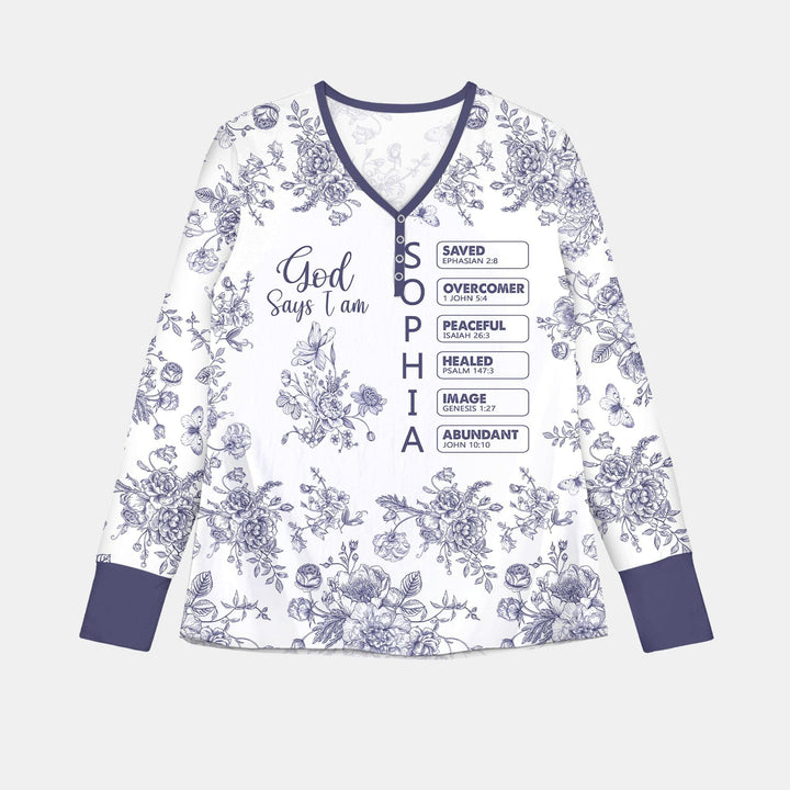 God Says I Am – Faith in Bloom Custom Name and Affirmations Bamboo Women Pajama Set