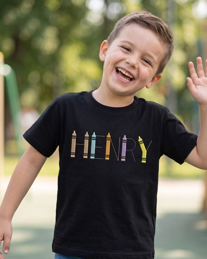 Custom Name Crayon Lettering Embroidered Bamboo Crewneck T-Shirt