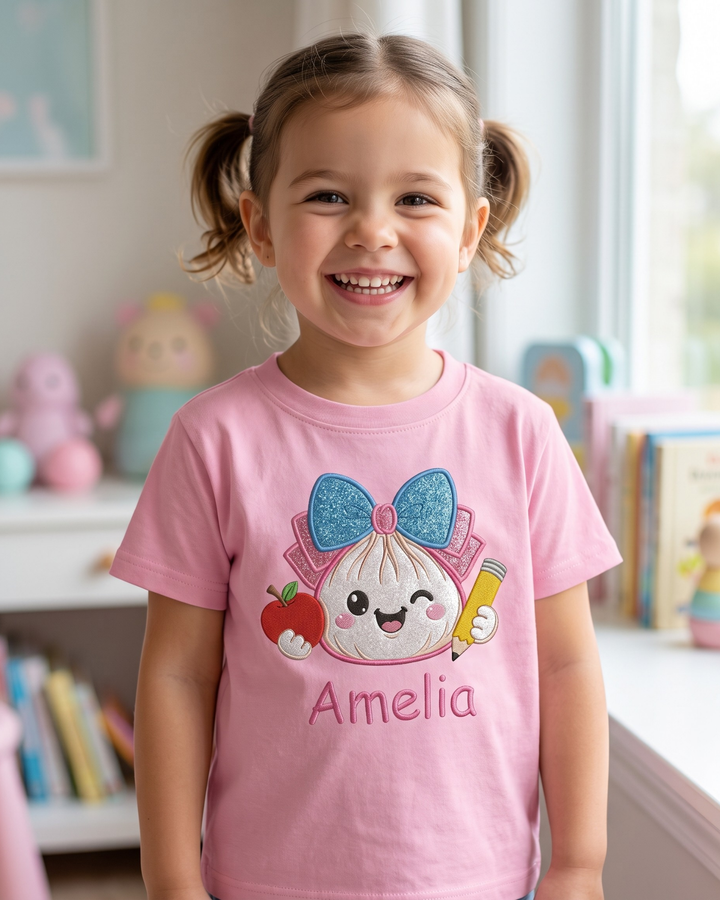 Custom Name School Sparkle Dumpling Applique Embroidered Bamboo Crewneck T-Shirt