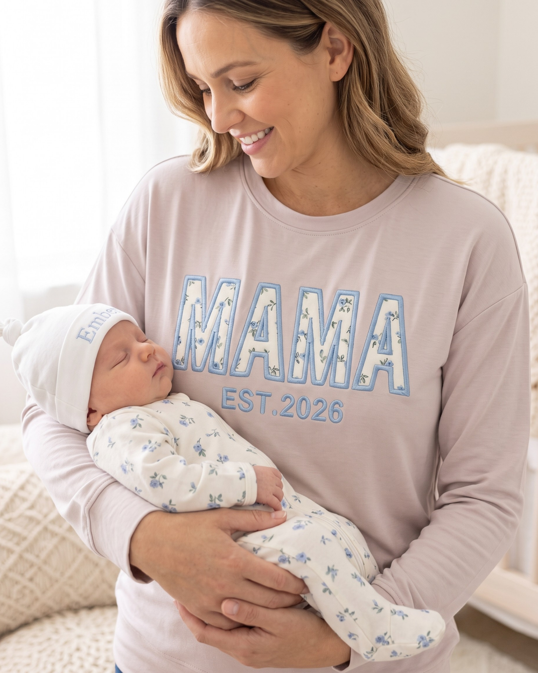 Personalized Mama Appliqué Embroidered Bamboo Women Crewneck Sweatshirt