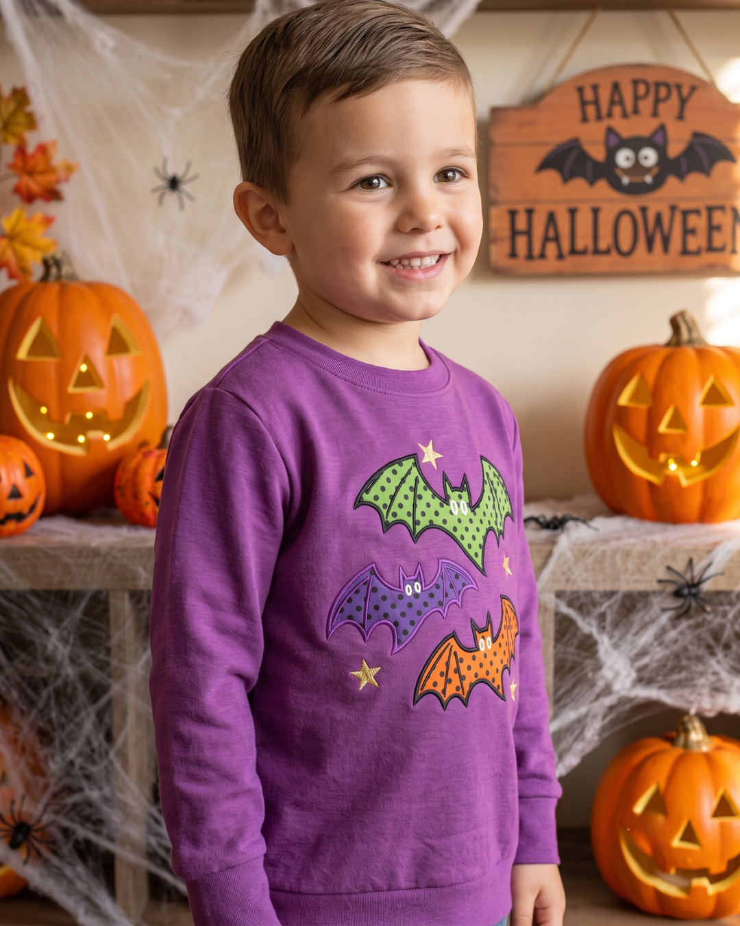 Spooky Bat Trio Applique Embroidered Bamboo Crewneck Sweatshirt