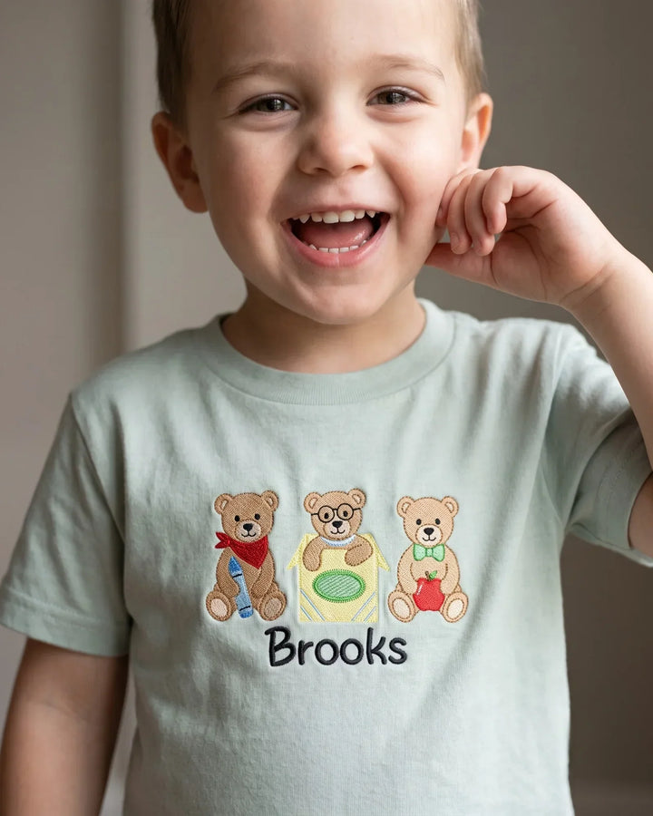 Custom Name Bookish Teddy Embroidered Bamboo Crewneck T-Shirt