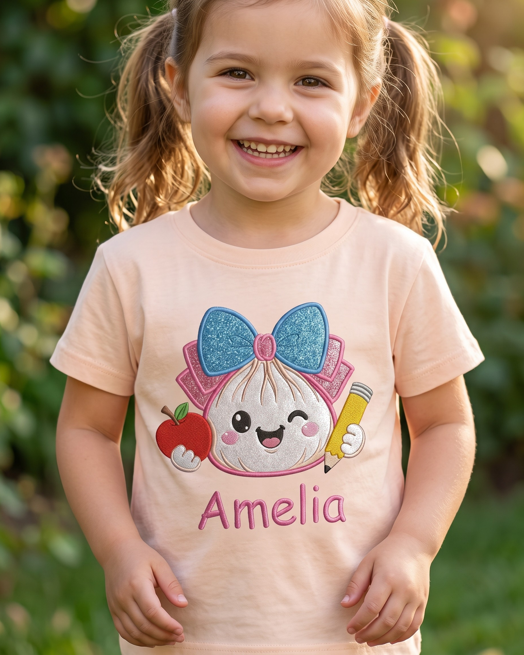 Custom Name School Sparkle Dumpling Applique Embroidered Bamboo Crewneck T-Shirt