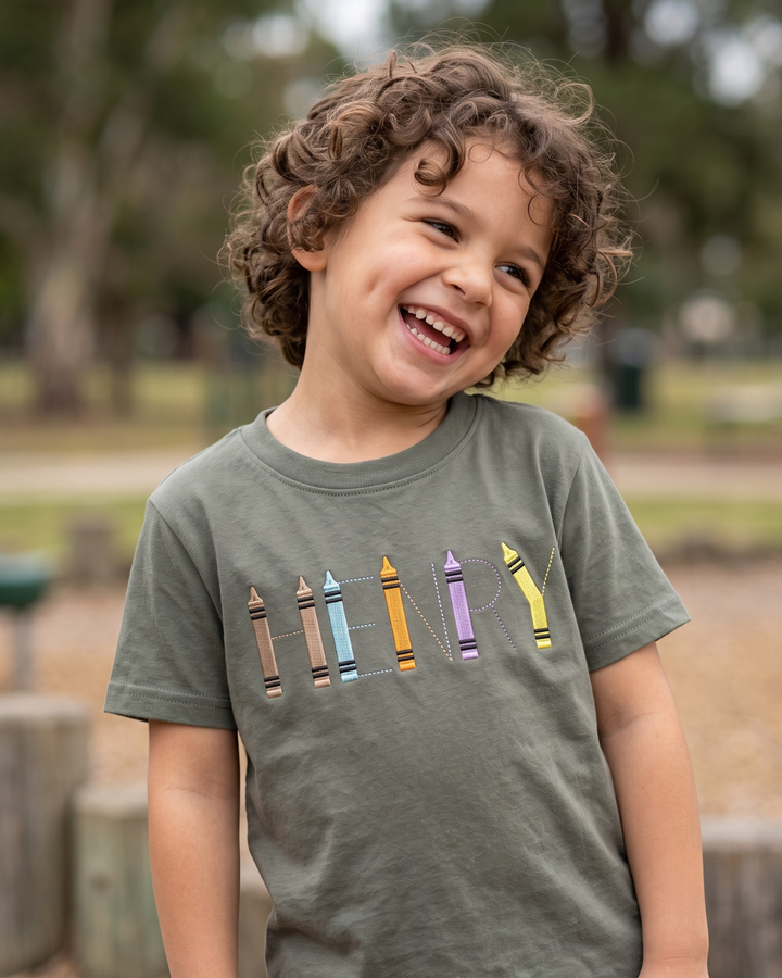Custom Name Crayon Lettering Embroidered Bamboo Crewneck T-Shirt