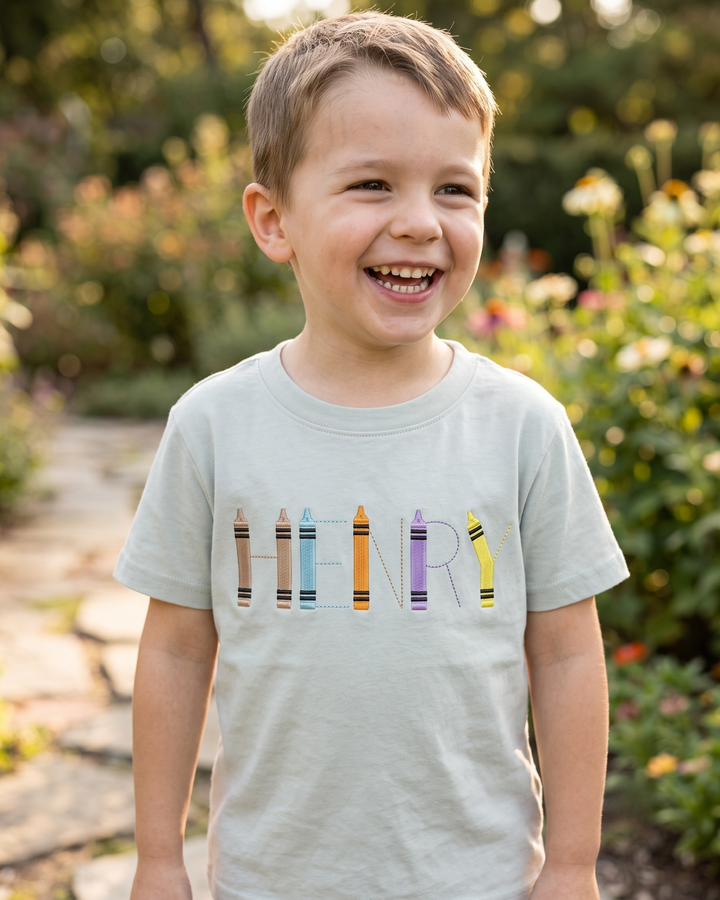 Custom Name Crayon Lettering Embroidered Bamboo Crewneck T-Shirt