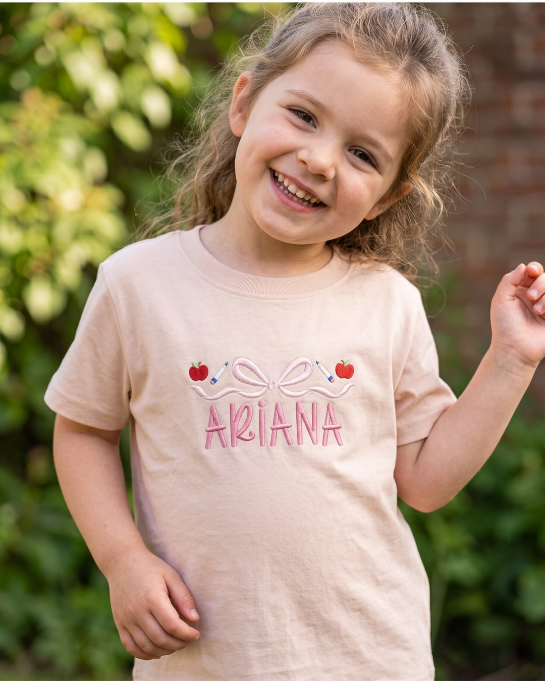 Custom Name School Sweet Bow Embroidered Bamboo Crewneck T-Shirt