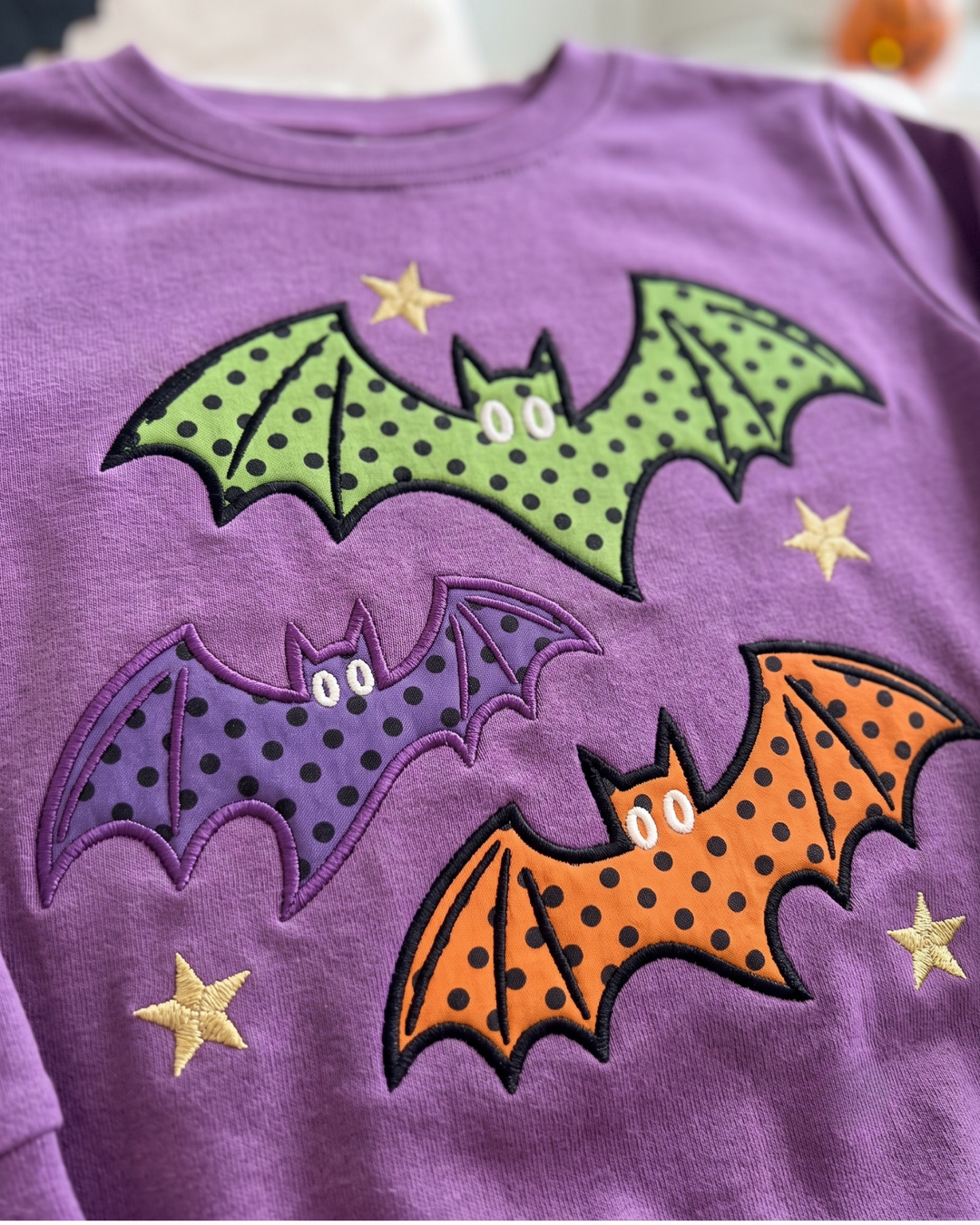 Spooky Bat Trio Applique Embroidered Bamboo Crewneck Sweatshirt