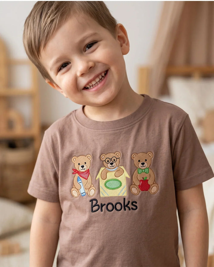 Custom Name Bookish Teddy Embroidered Bamboo Crewneck T-Shirt