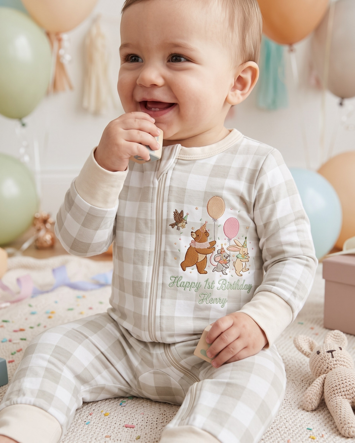 Woodland Friends Birthday Embroidered Baby Bamboo Convertible Zippy