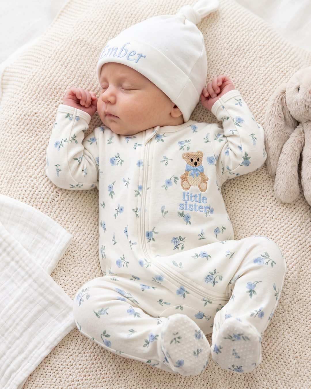 Little Sister Teddy Bear Embroidered Bamboo Zipper Footie