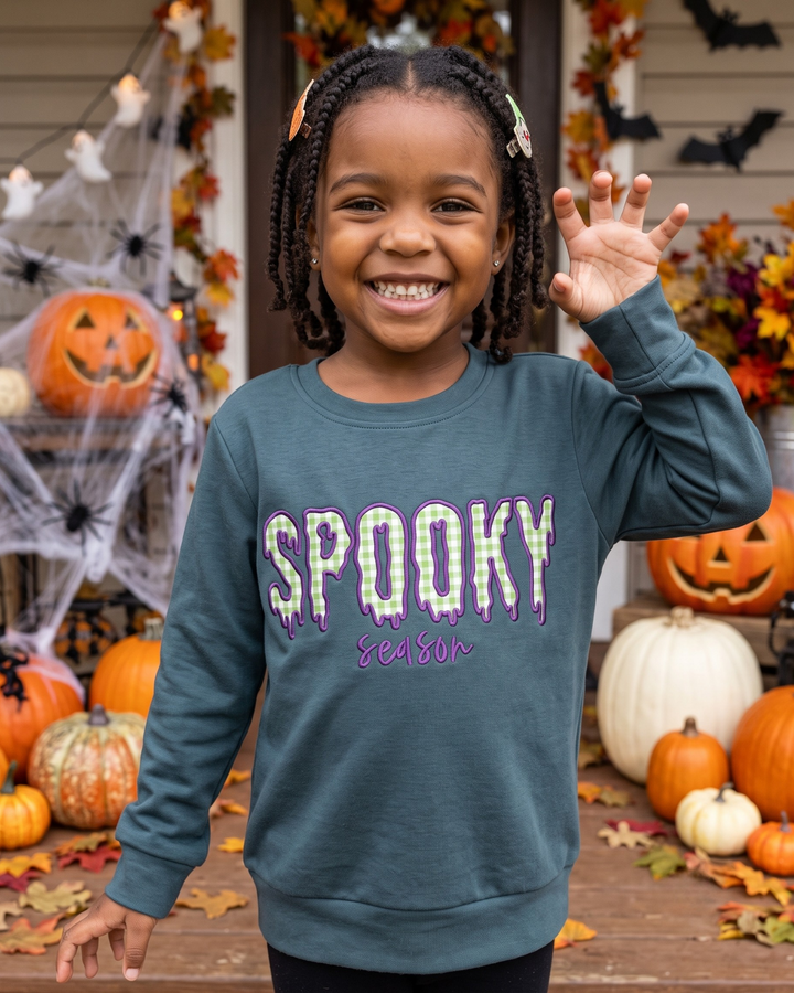 Spooky Season Gingham Applique Embroidered Bamboo Crewneck Sweatshirt