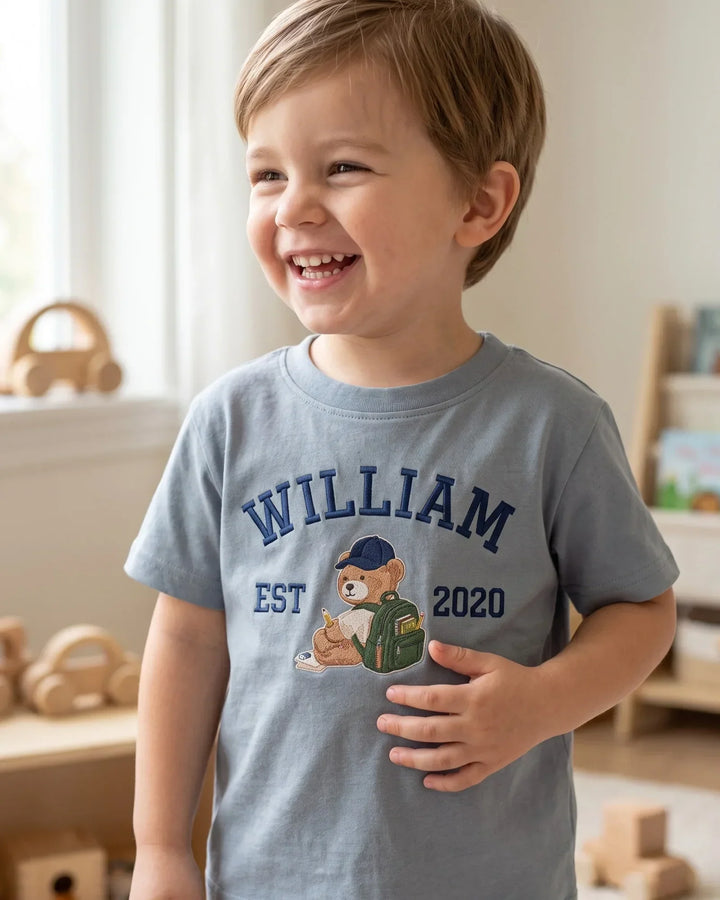Custom Name Teddy's First Day Embroidered Bamboo Crewneck T-Shirt