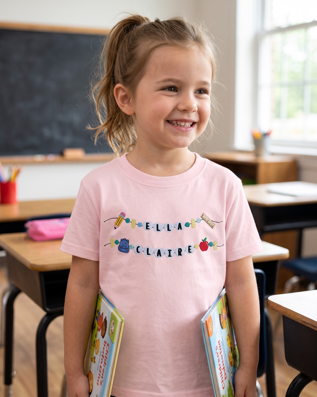 Custom Name School Beads Embroidered Bamboo Crewneck T-Shirt