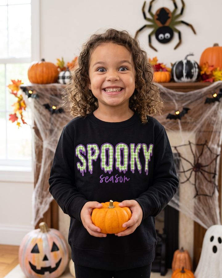 Spooky Season Gingham Applique Embroidered Bamboo Crewneck Sweatshirt