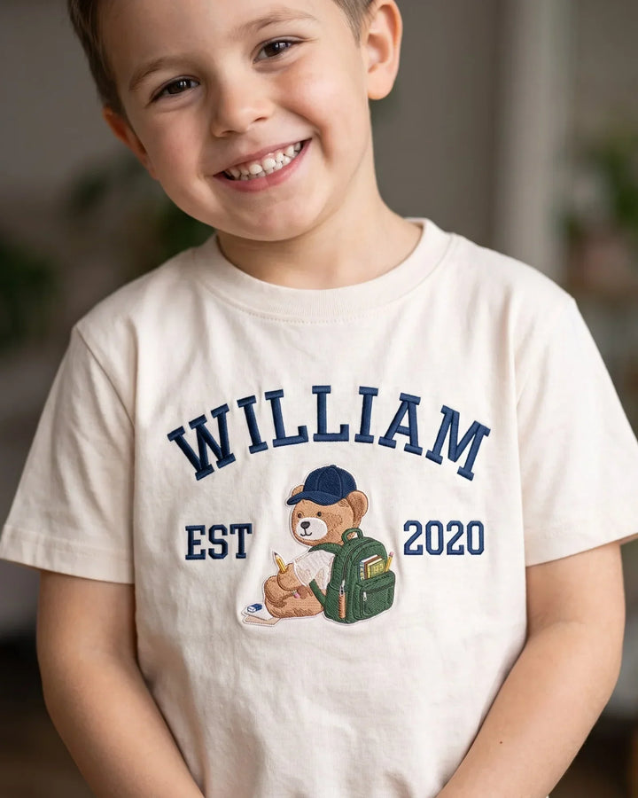 Custom Name Teddy's First Day Embroidered Bamboo Crewneck T-Shirt
