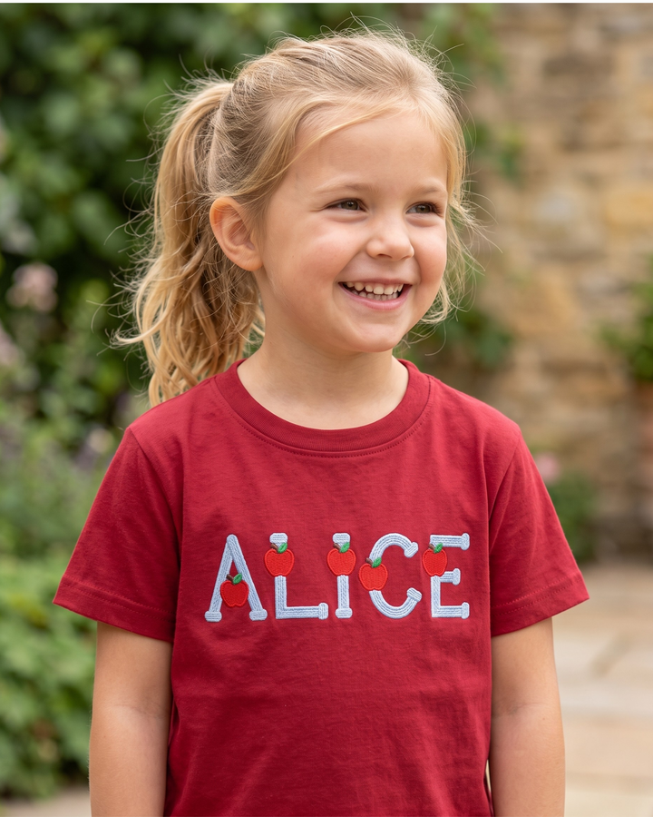 Custom Name Apple Alphabet Embroidered Bamboo Crewneck T-Shirt