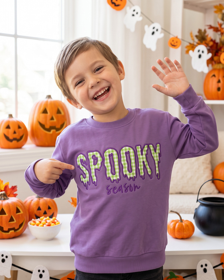 Spooky Season Gingham Applique Embroidered Bamboo Crewneck Sweatshirt