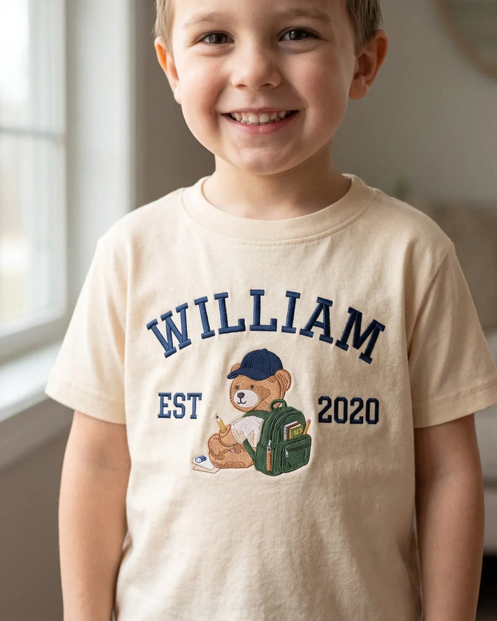 Custom Name Teddy's First Day Embroidered Bamboo Crewneck T-Shirt