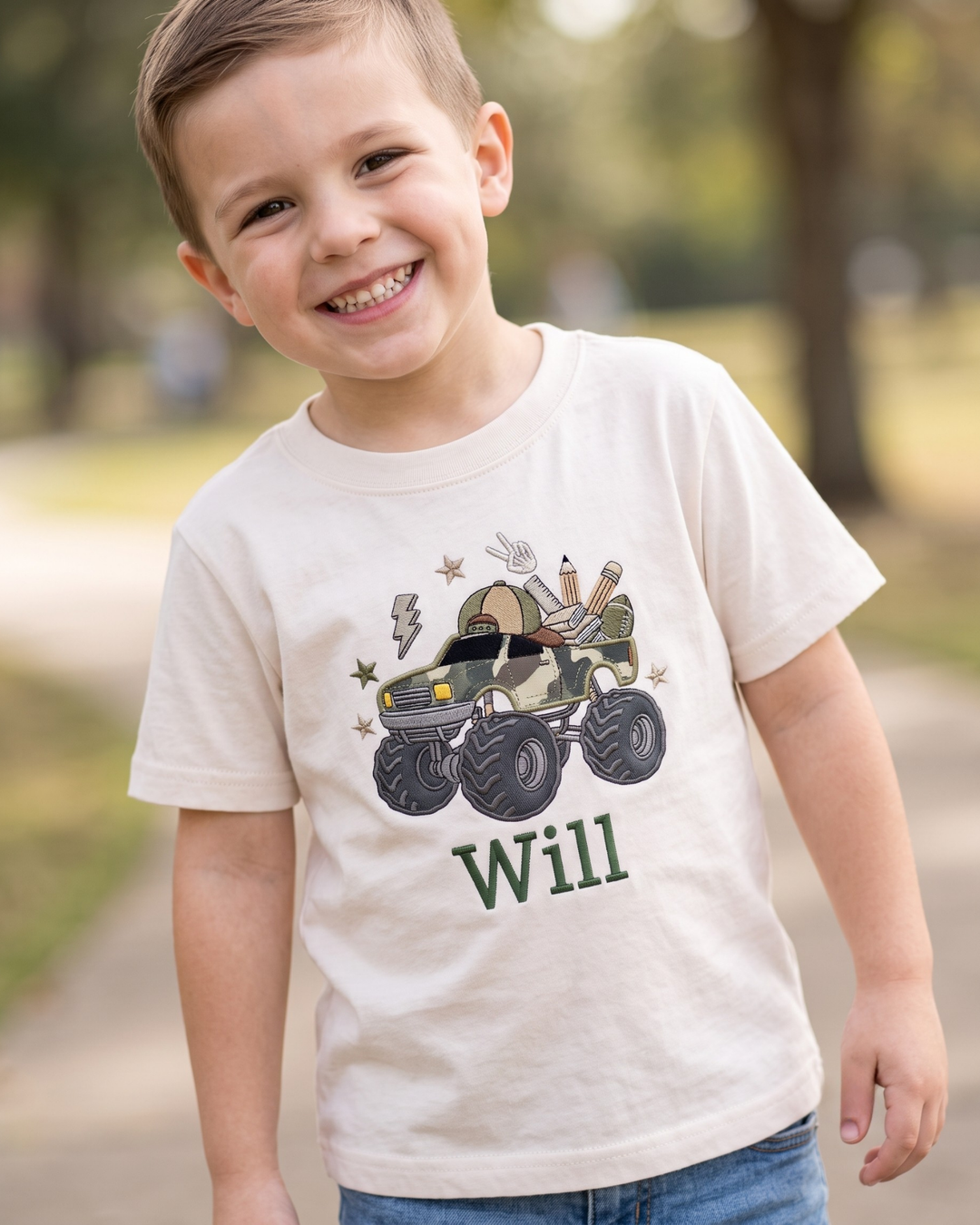 Custom Name Monster Truck Back To School Appliqué Embroidered Bamboo Crewneck T-Shirt