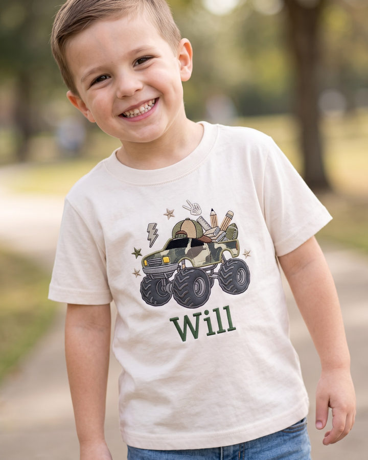Custom Name Monster Truck Back To School Appliqué Embroidered Bamboo Crewneck T-Shirt