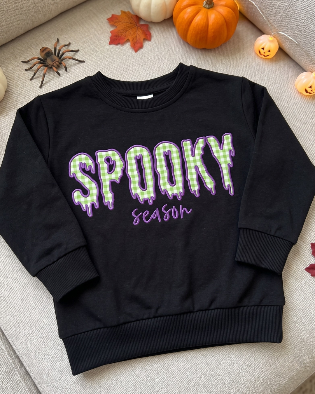 Spooky Season Gingham Applique Embroidered Bamboo Crewneck Sweatshirt