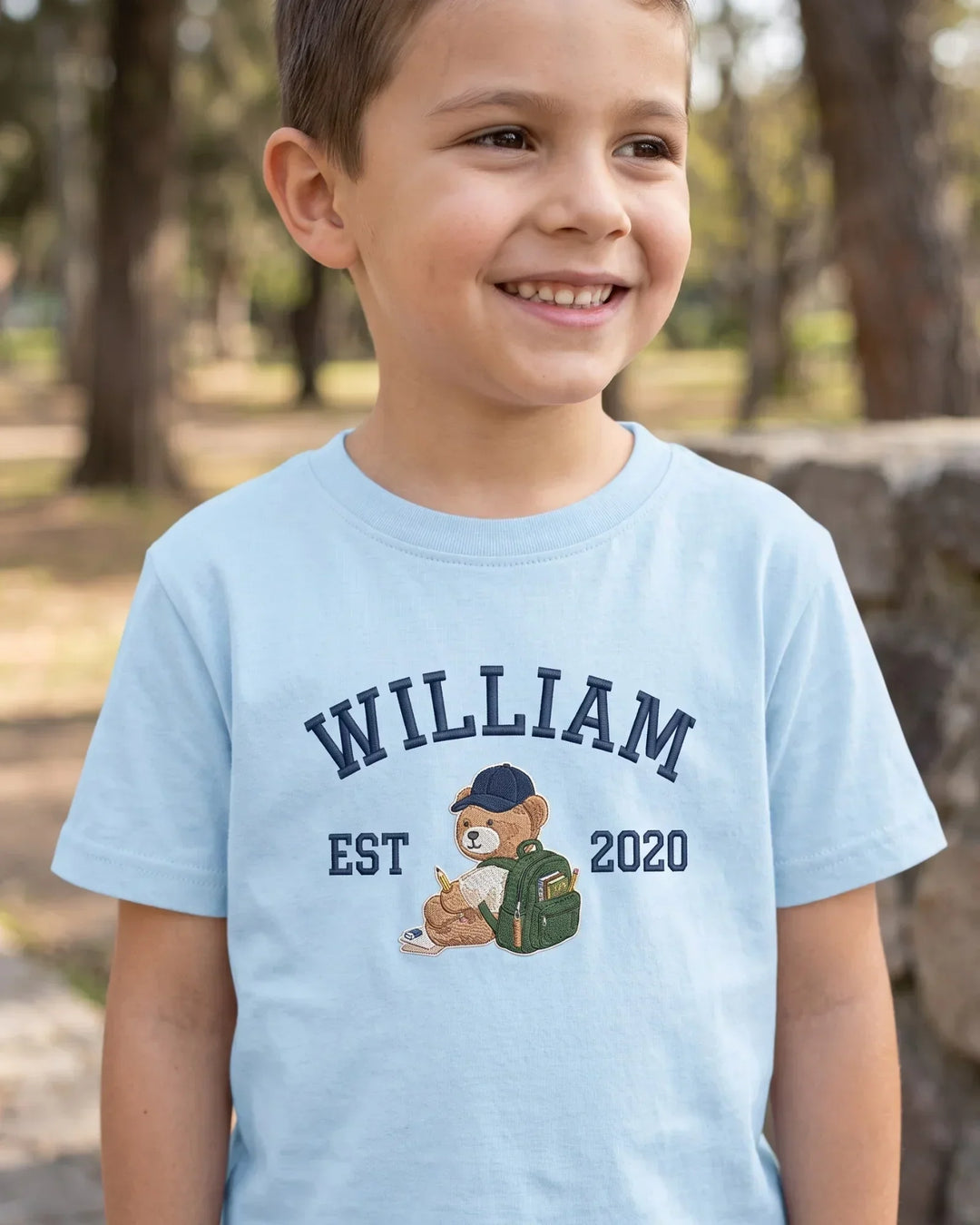 Custom Name Teddy's First Day Embroidered Bamboo Crewneck T-Shirt