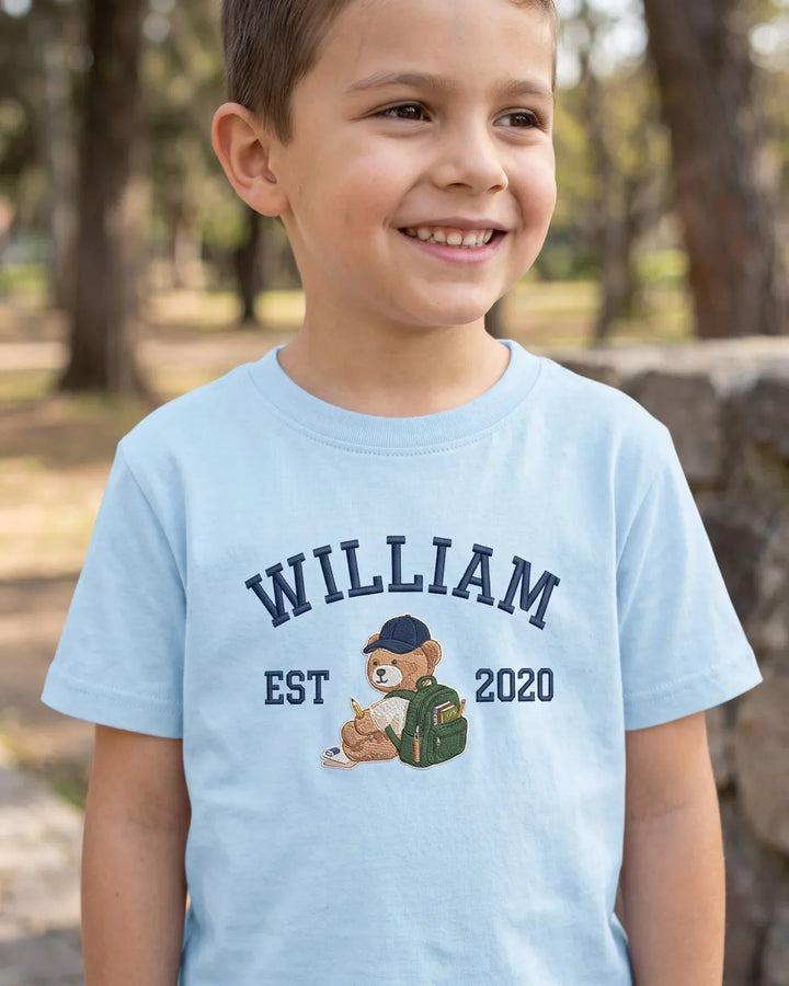 Custom Name Teddy's First Day Embroidered Bamboo Crewneck T-Shirt