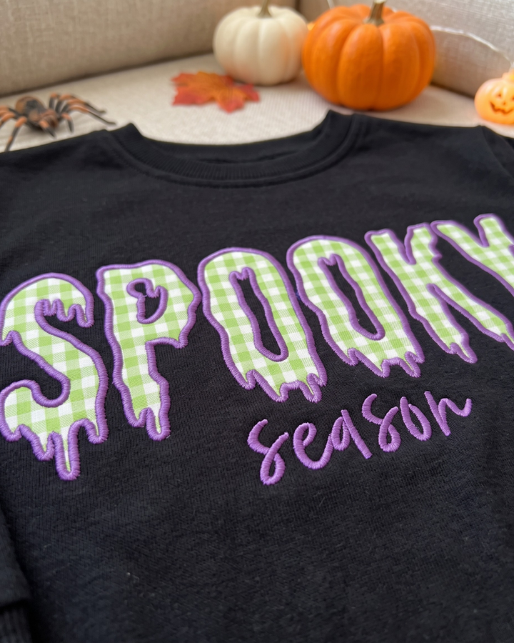 Spooky Season Gingham Applique Embroidered Bamboo Crewneck Sweatshirt