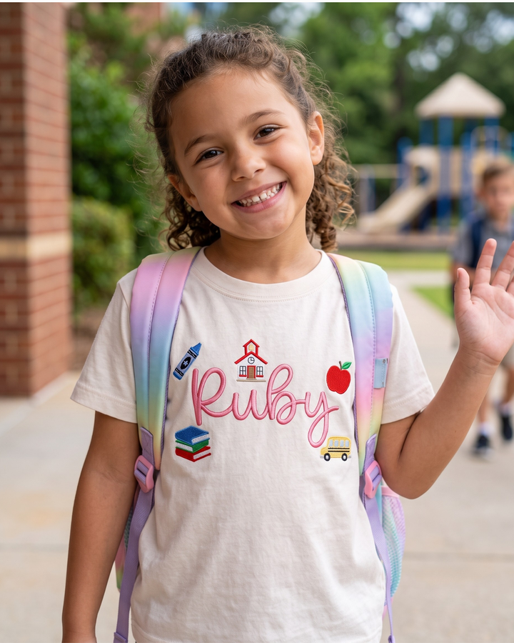 Custom Name School Doodle Embroidered Bamboo Crewneck T-Shirt