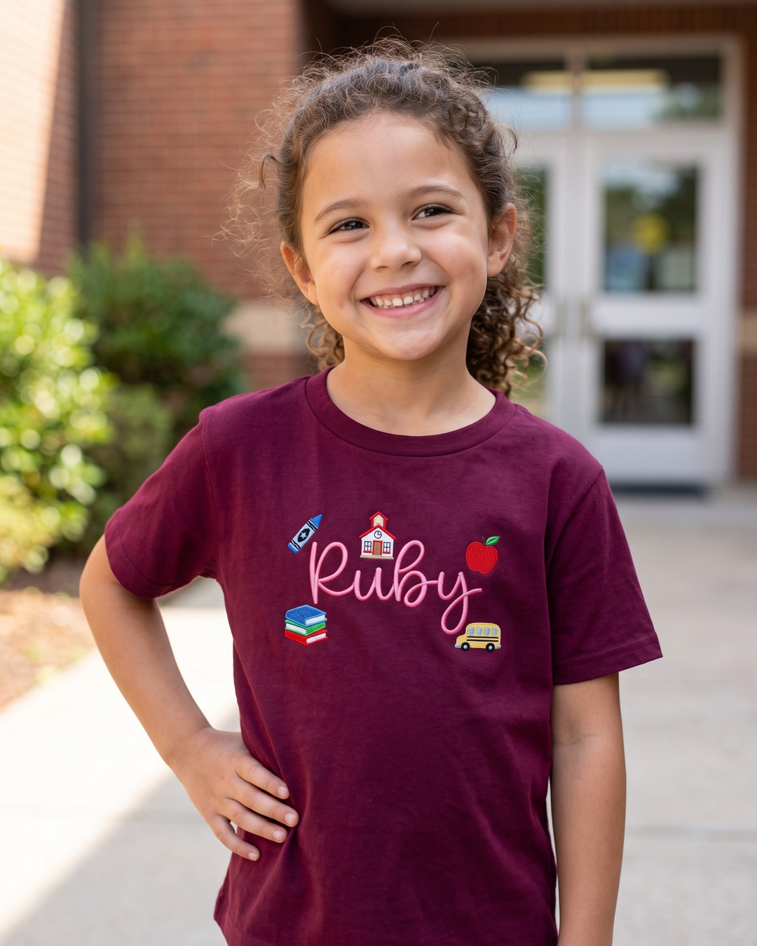 Custom Name School Doodle Embroidered Bamboo Crewneck T-Shirt