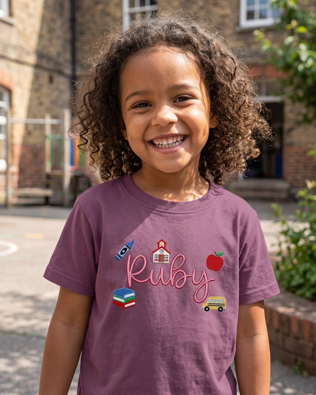Custom Name School Doodle Embroidered Bamboo Crewneck T-Shirt