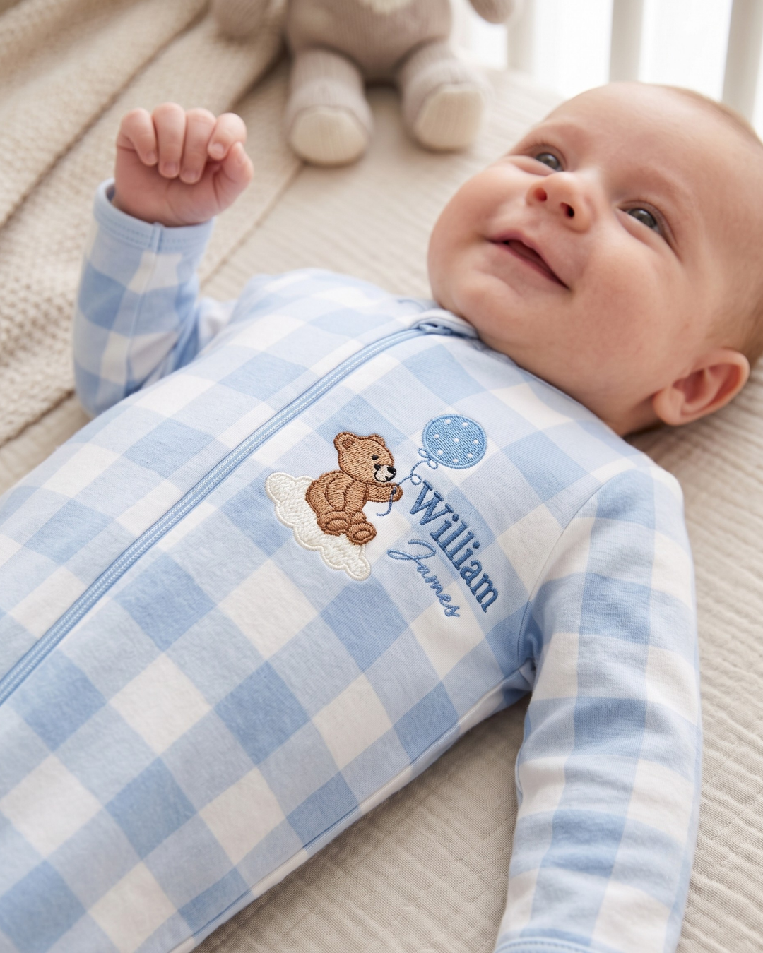 Custom Name Little Teddy Embroidered Bamboo Zipper Footie