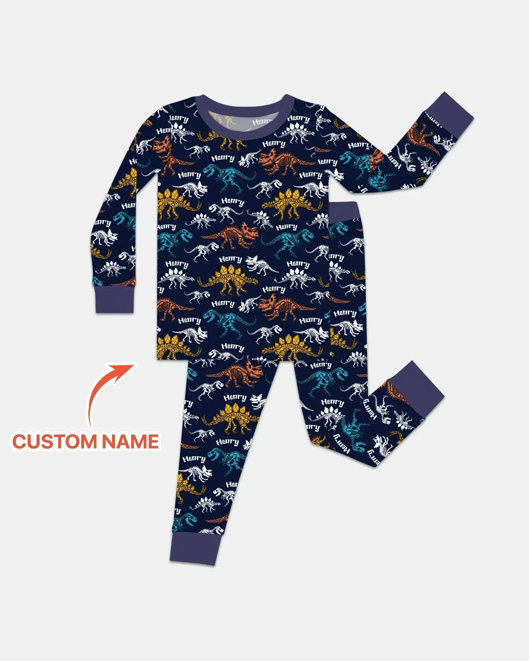 Dino Bones Parade Custom Name Bamboo Two Piece Long Sleeve Pajama Set