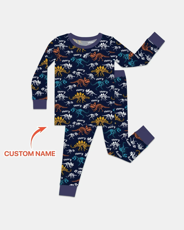 Dino Bones Parade Custom Name Bamboo Two Piece Long Sleeve Pajama Set