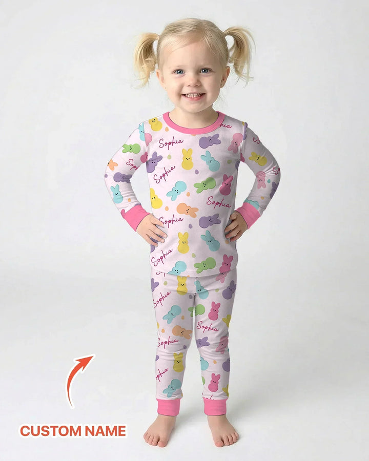 Personalized Easter Bunnies Family Matching Bamboo Two Piece Long Sleeve Pajama Set