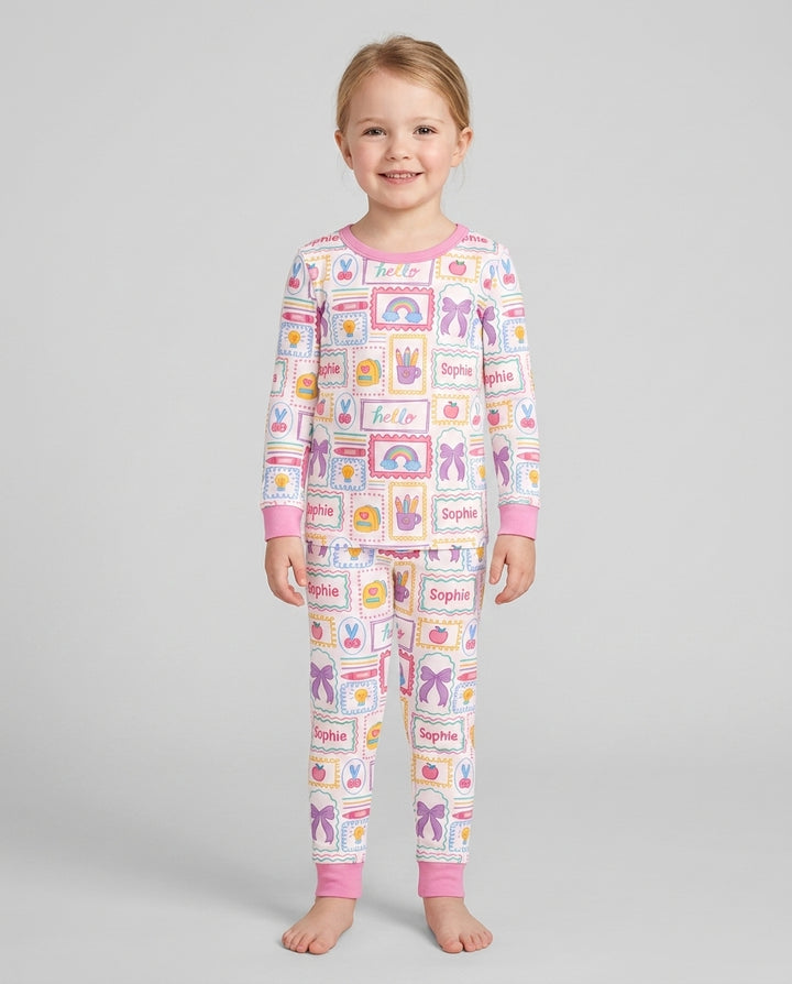 Custom Name Hello School Bamboo Two Piece Long Sleeve Pajama Set