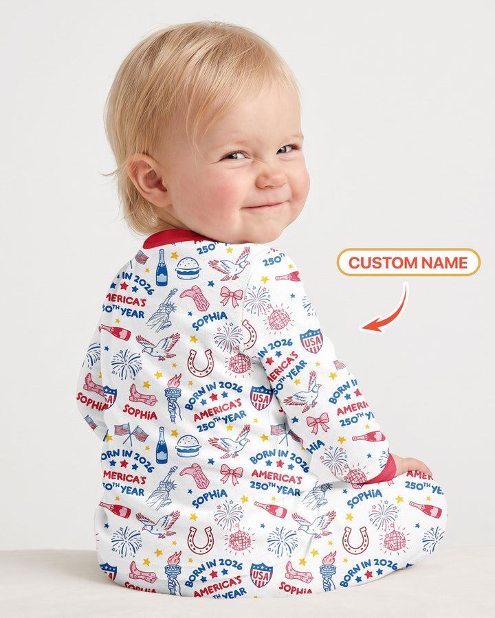 Born in 2026 America’s 250th Year Custom Name Bamboo Two Piece Long Sleeve Pajama Set