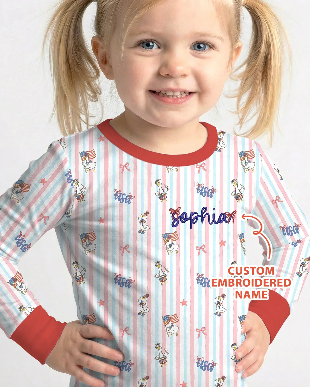 Personalized Cute Goose America 250 Embroidered Bamboo Two Piece Long Sleeve Pajama Set