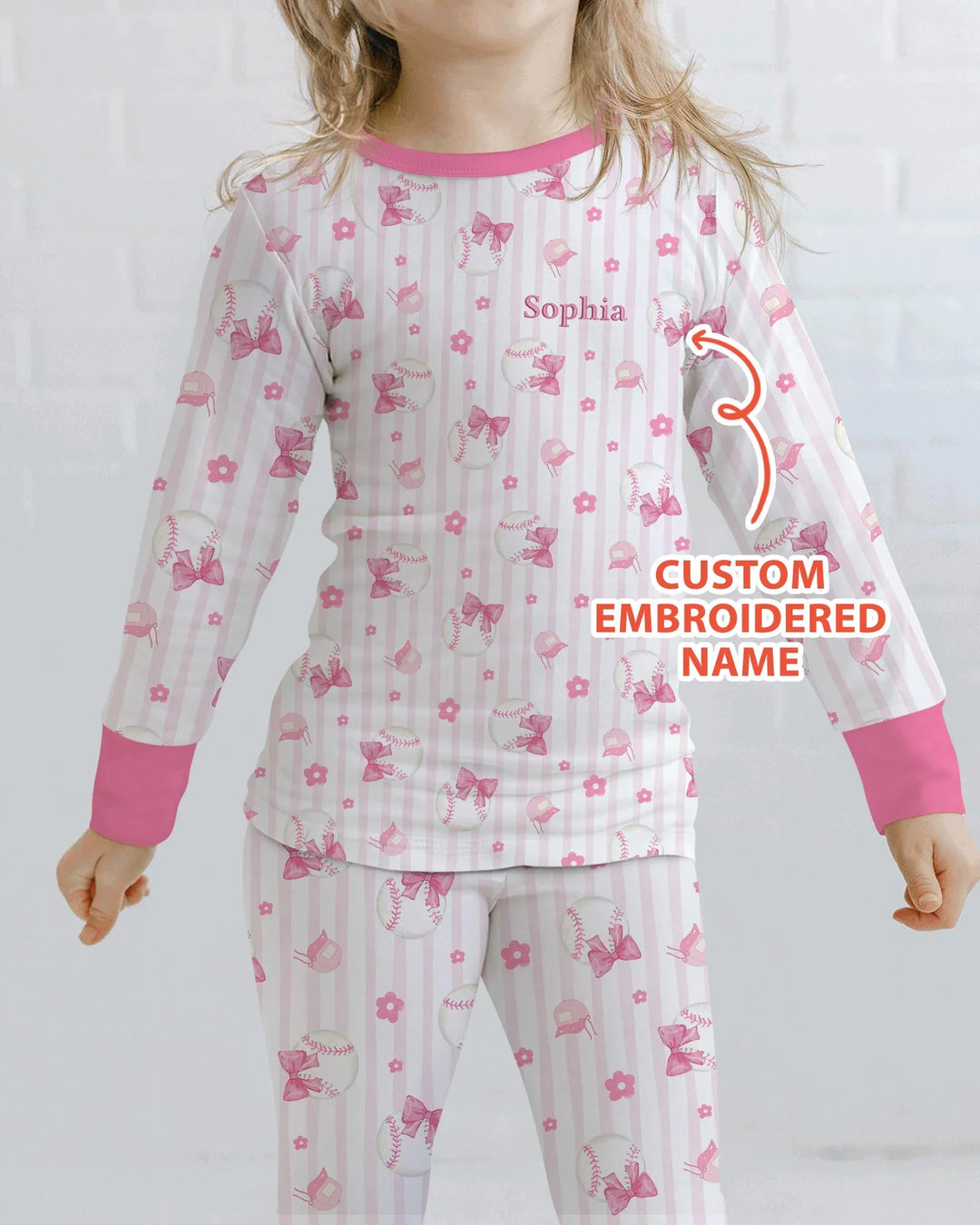Custom Embroidered Name Baseball Girl Bamboo Two Piece Long Sleeve Pajama Set