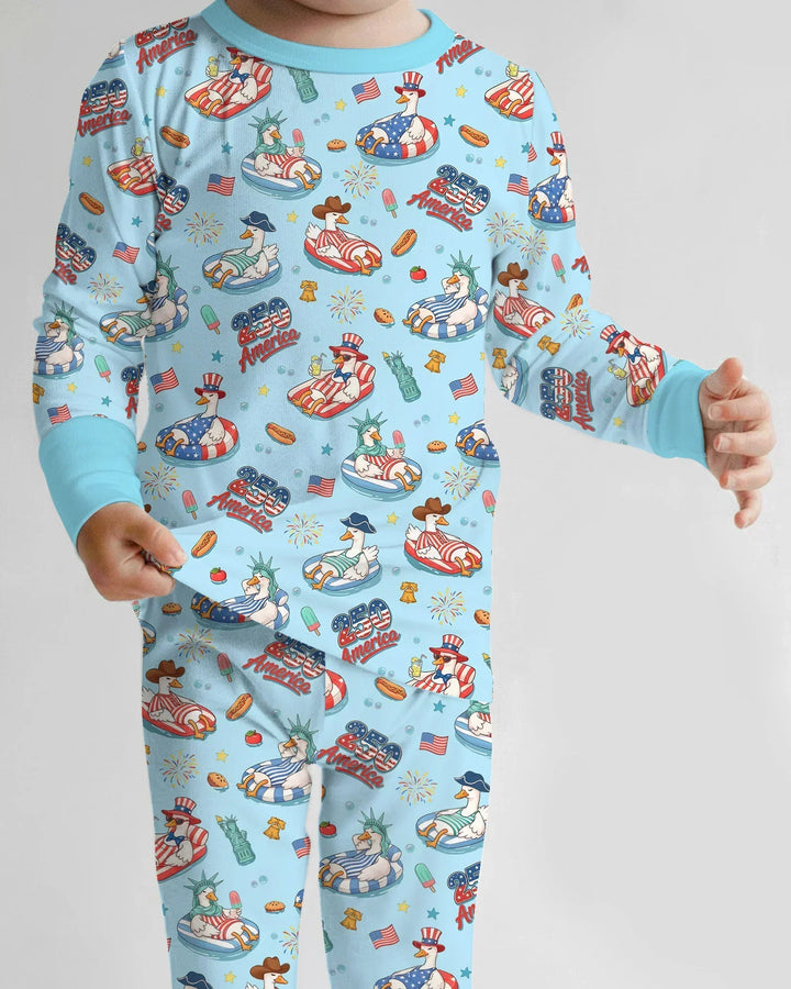 250 America Patriotic Goose Family Matching Bamboo Two Piece Long Sleeve Pajama Set