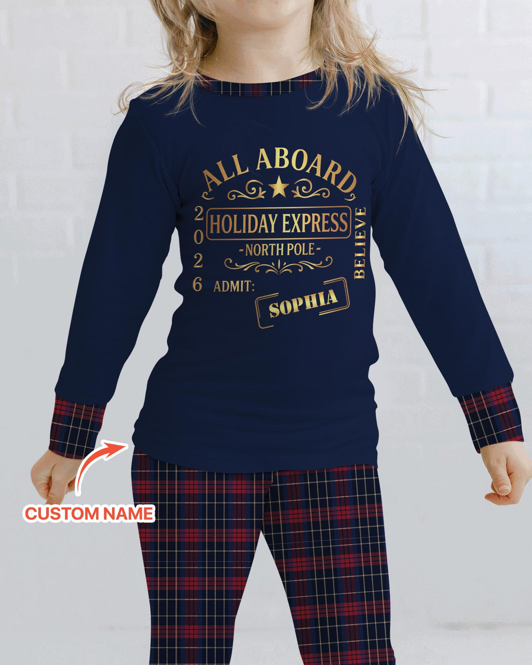 Custom Name North Pole Plaid Bamboo Two Piece Long Sleeve Pajama Set