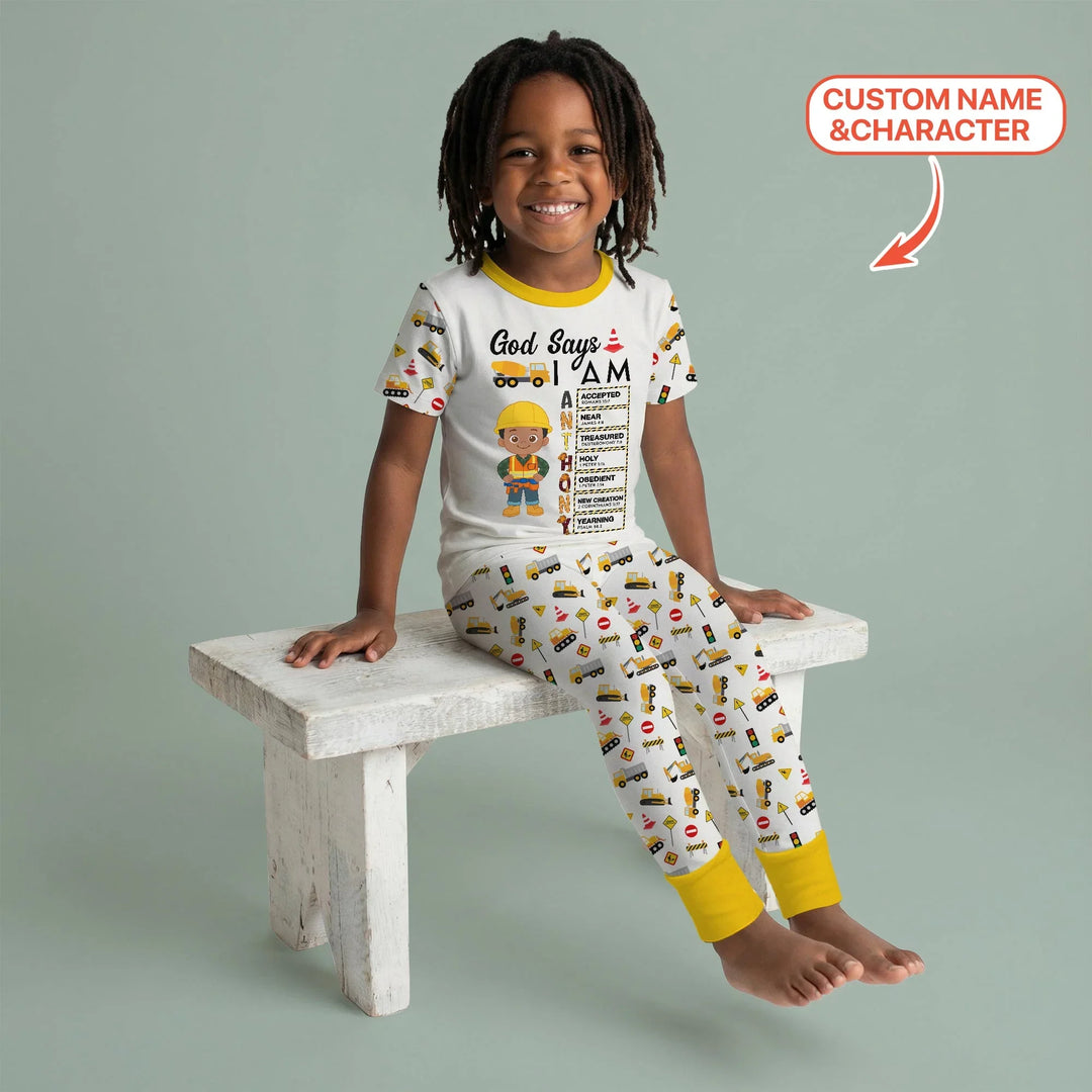 Custom Name God Says I Am Little Builder Letter in Bible Bamboo Two Piece Short Sleeve Pajama Set
