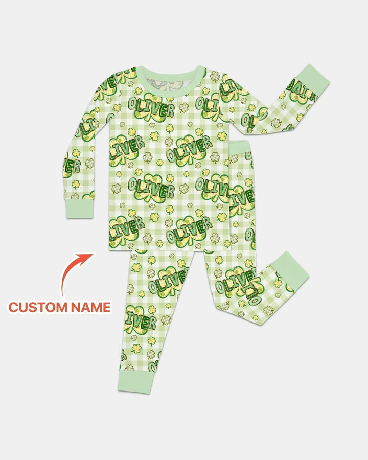 Lucky Shamrock Custom Name Bamboo Two Piece Long Sleeve Pajama Set