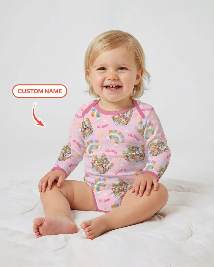 Custom Name Jesus Loves Me Noah's Ark Bamboo Bodysuit