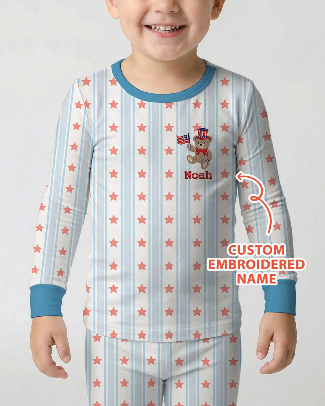 Custom Name Embroidered First 4th Of July Baby Bamboo Two Piece Long Sleeve Pajama Set