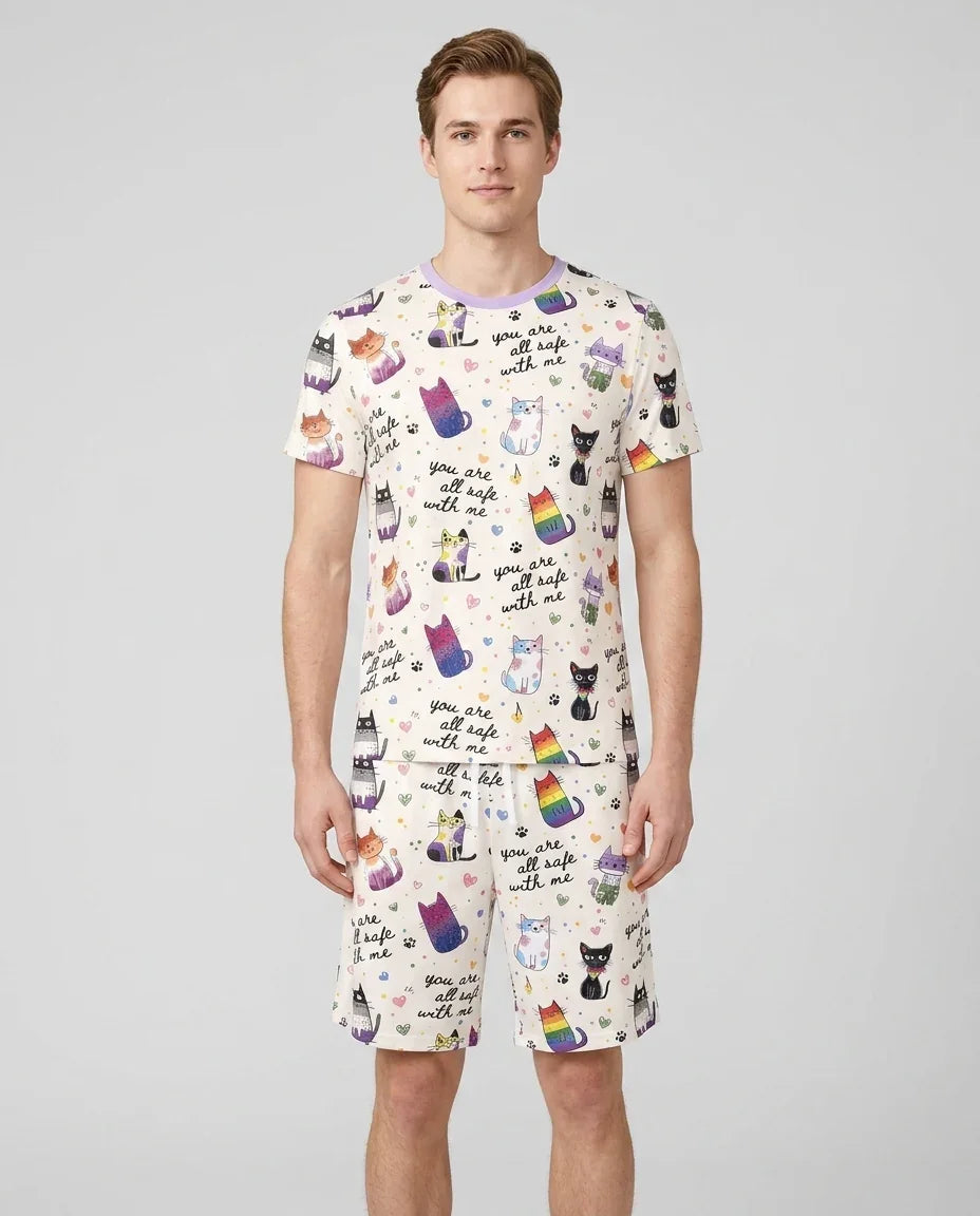 Loved & Safe Kitties Family Matching Bamboo Men Short Sleeve Short Pajama Set