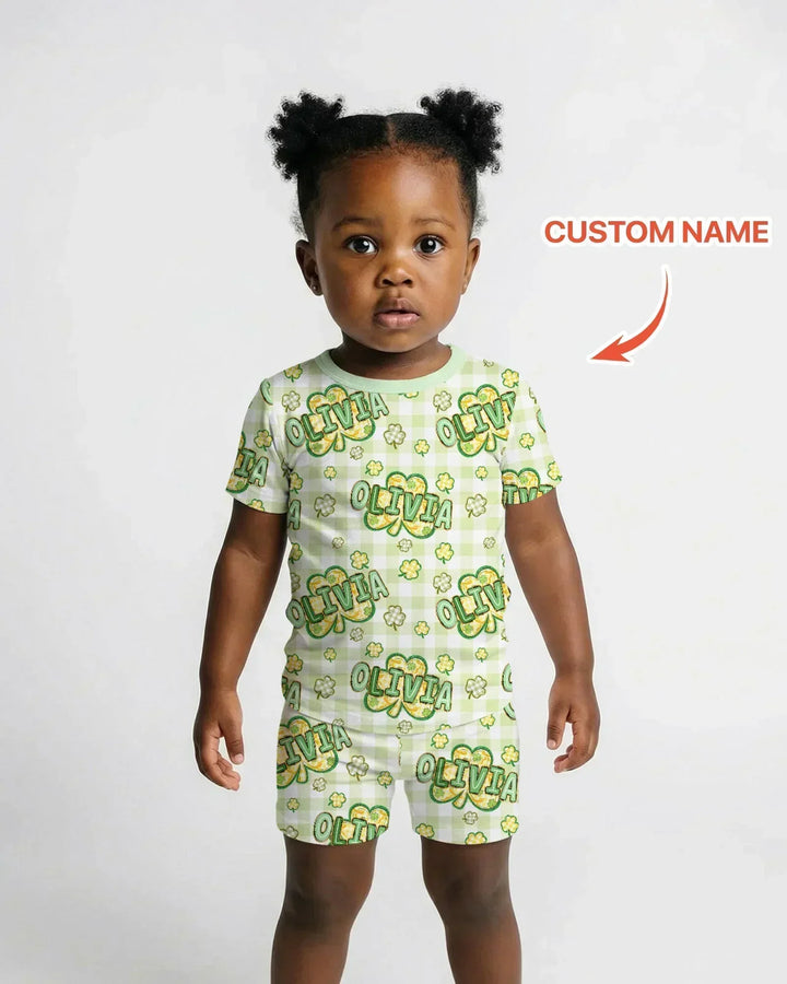 Lucky Shamrock Custom Name Bamboo Two Piece Short Sleeve Shorts Pajama Set